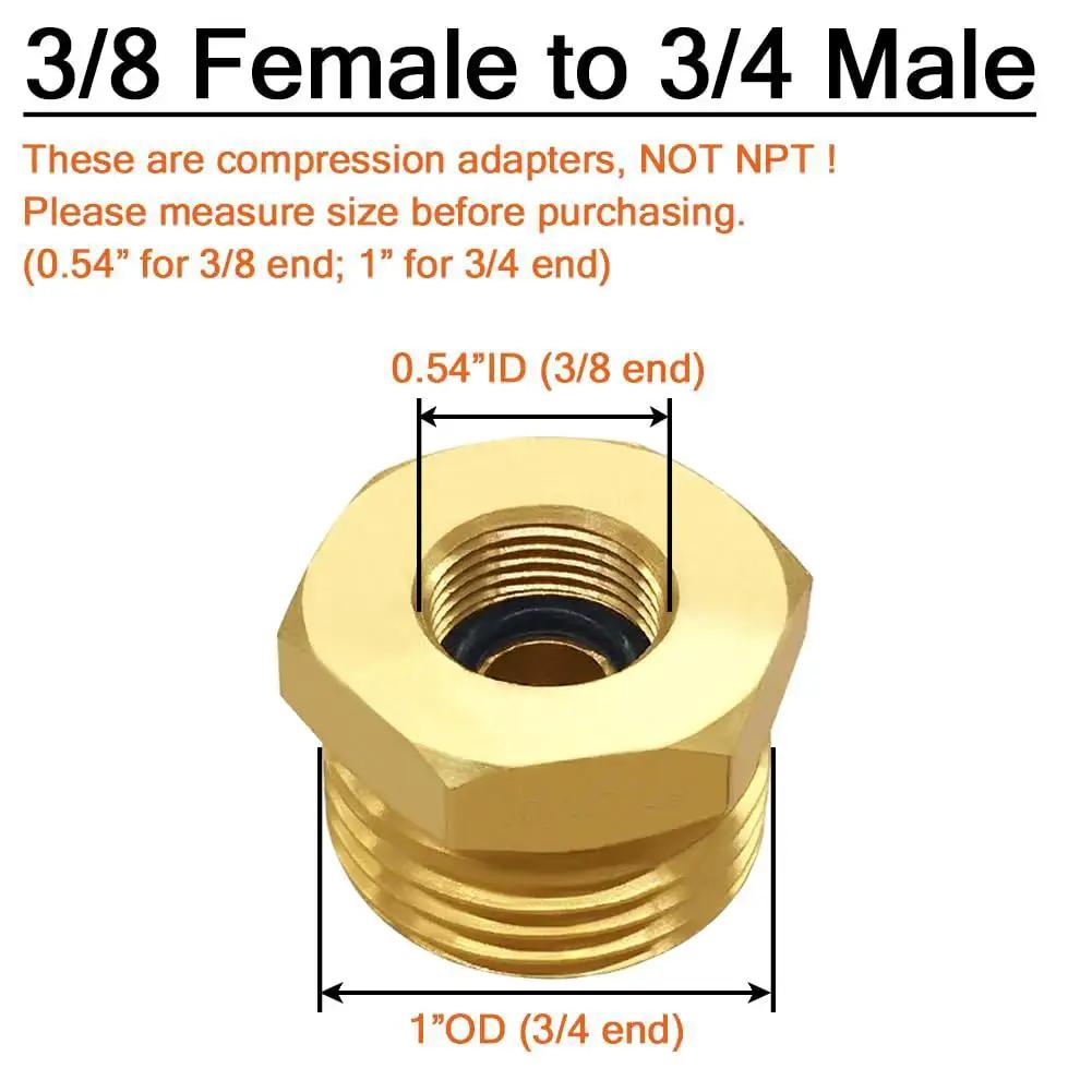 Two Pack Brass Three Quarter GHT Male To Three Eighths Compression Female Reducer Pipe Fitting For Garden Hose And Faucet Connections