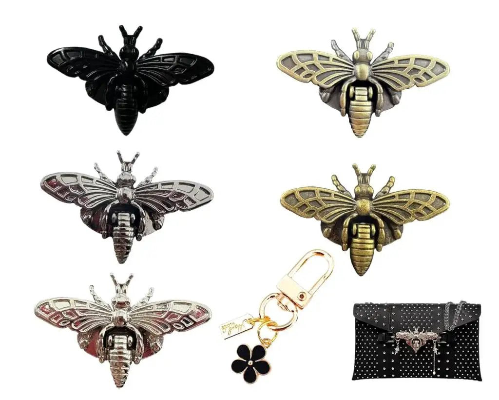 Bee Shaped Turn Lock Clasp Set for Purses and Handbags, 5 Pack Includes Daisy Keychain, Dark Tone Metal Latch Hardware for DIY