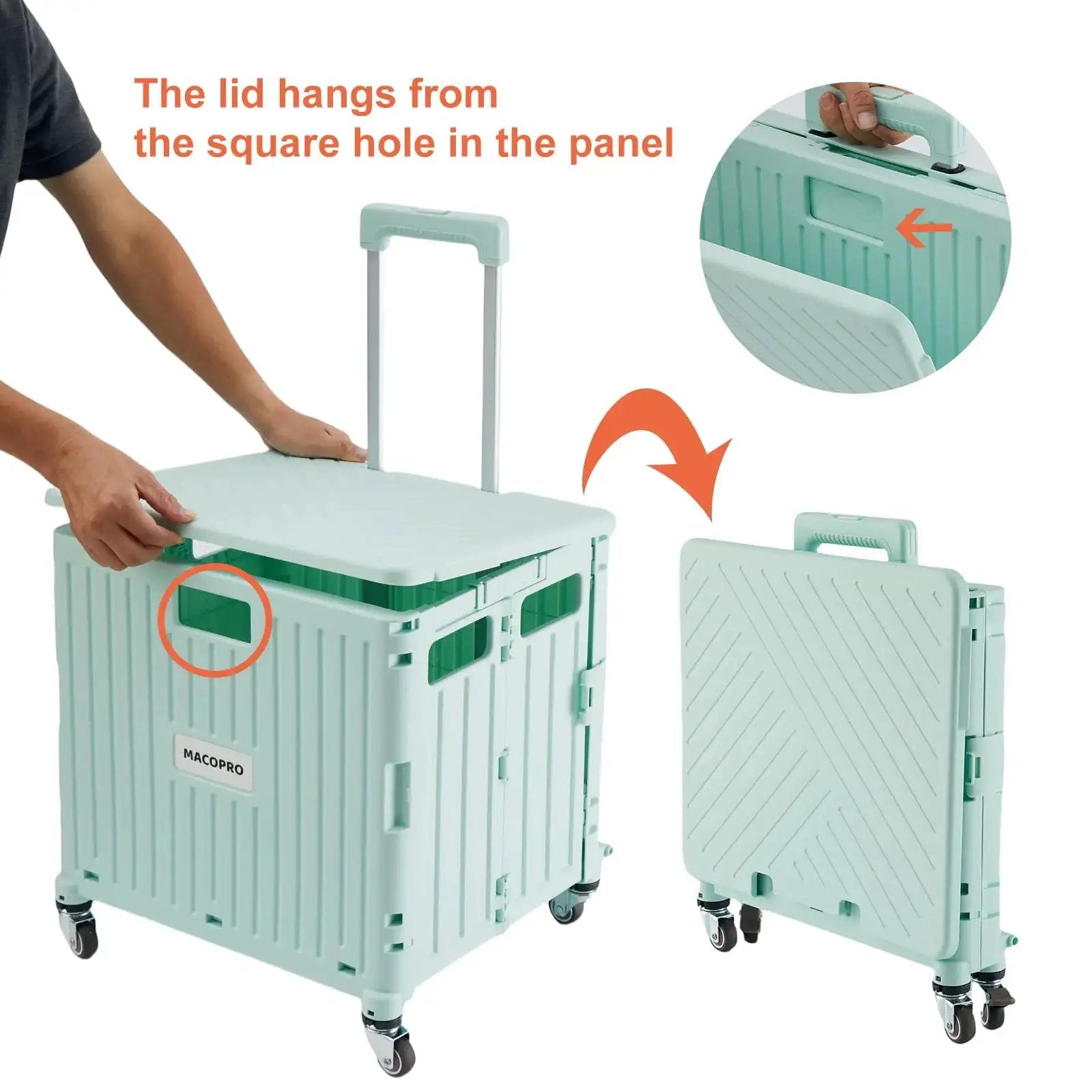Foldable Utility Cart With Lid And Four 360 Degree Wheels Portable Handcart for home use and travel, shown folded and opened, Green Macopro
