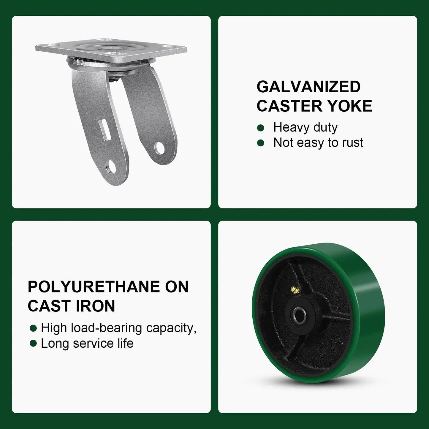 Close-up of 6 Inch Heavy Duty Casters Set Of Four With Grease Fitting, 4800 Lbs Load Capacity, showing parts and features.
