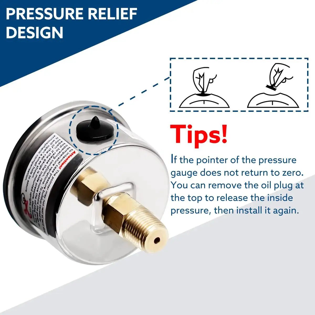Inline Low Pressure Gauge 0-15 Psi For Water And Oil Testing, side view showing pressure relief design and oil plug details