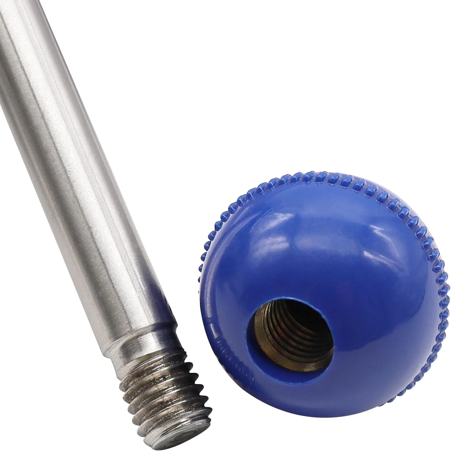 Close-up of a stainless steel handle with a blue pull knob for sanitary butterfly valves