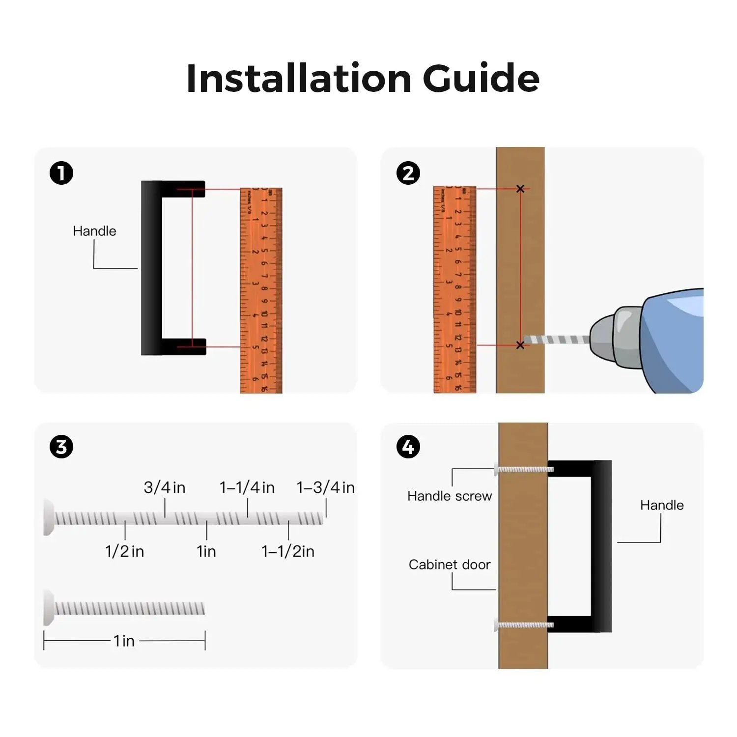Installation guide for Square Cabinet Pulls 10 Pack 5 Inch Matte Black Cabinet Handles, showing measurement and drilling steps.