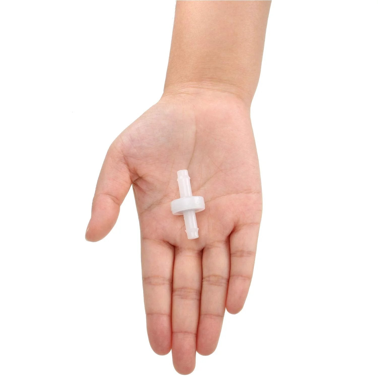 Person holding a single white PVDF check valve, part of Four Pack Quarter Inch PVDF Check Valve One Way Flow Blocker For Fuel Gas Water Air Lines