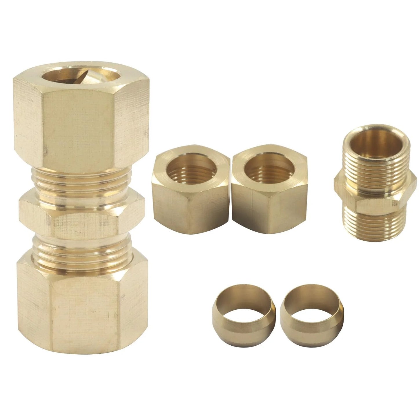 Heavy Duty Brass Compression Fittings One Half Inch OD To One Half Inch OD Five Pack Universal Connector For High Pressure Water Oil And Gas Lines Corrosion Resistant Refrigerator Water Line Compatible Ideal For Three Eighths Brake Line By Aoserge, components laid out showing nuts and sleeves