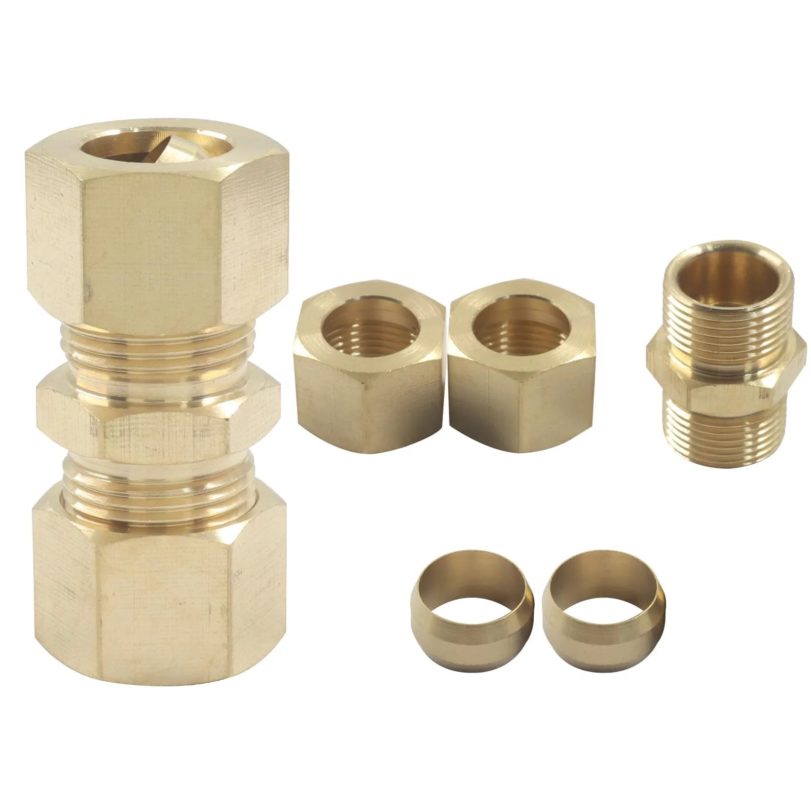 Heavy Duty Brass Compression Fittings One Half Inch OD To One Half Inch OD Five Pack Universal Connector For High Pressure Water Oil And Gas Lines Corrosion Resistant Refrigerator Water Line Compatible Ideal For Three Eighths Brake Line By Aoserge, components laid out showing nuts and sleeves