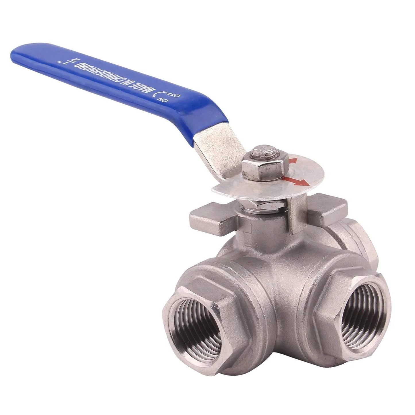 3-Way Ball Valve With L Mounting Pad 1/2 Inch NPT Stainless Steel 304 Female For Water Oil And Gas 1000 PSI Max -20F To 410F Vinyl Locking Handle Threaded Disassembly DERNORD