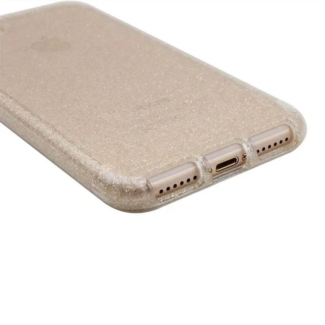 Glittery gold smartphone case showing bottom ports and speaker cutouts, enhancing phone protection with style.