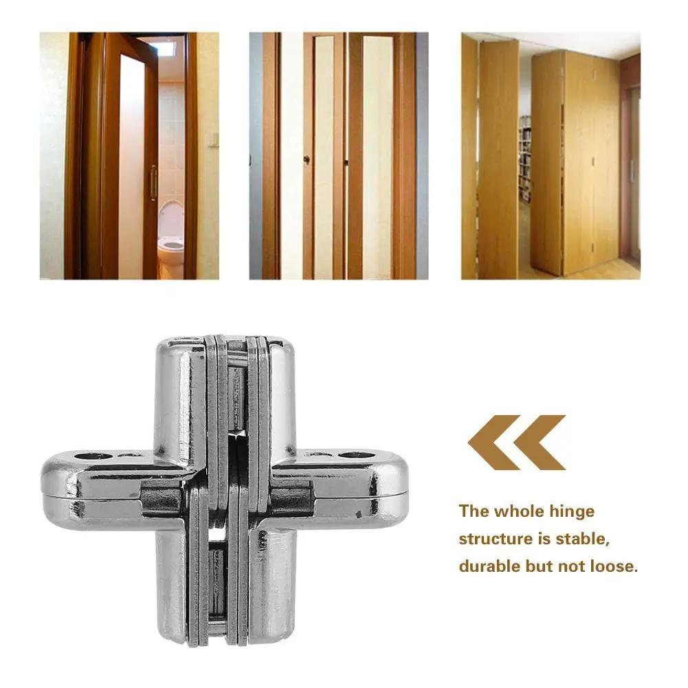 Two Pack 180 Degree Hidden Door Hinges Zinc Alloy Invisible Concealed Cross Hinge For Cabinets And Furniture Easy Installation 6 Kg Bearing XS Size Durable Abrasion Resistant Hardware Kit close-up view and installed examples
