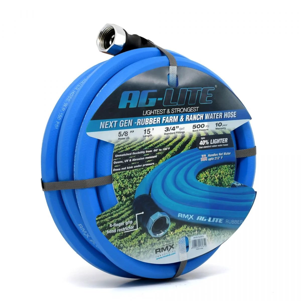 Front view of Ultra Light Rubber Garden Hose 5 Eighths Inch by 15 Feet for Hot and Cold Water, 100 Percent Rubber with Polyester Braided Construction, 500 PSI
