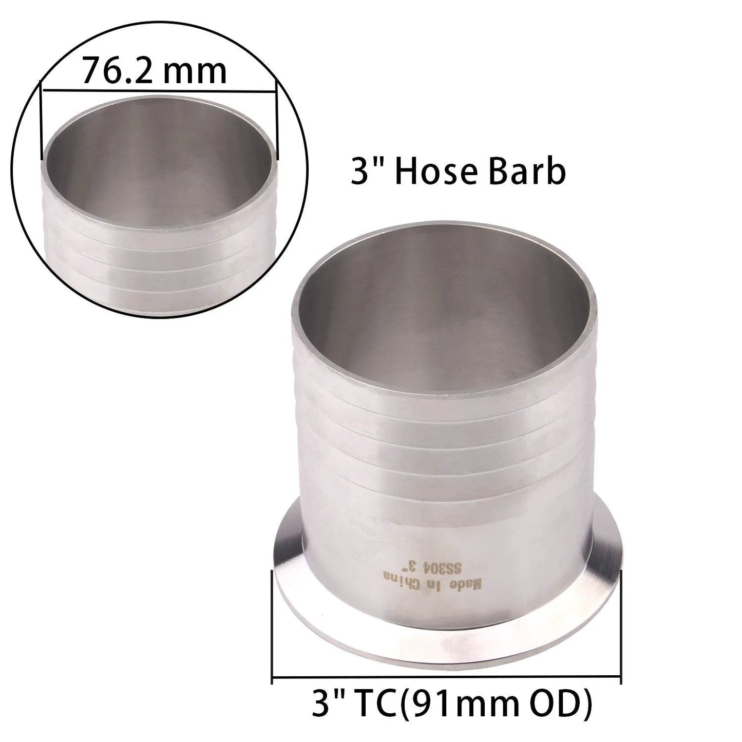 Three Inch Tri Clamp To Three Inch Hose Barbed Adapter SUS304 Stainless Sanitary Hose Pipe Fitting For Rubber Hoses And TPU Or Plastic Hoses With Barbed Ends For Tight Seal DERNORD