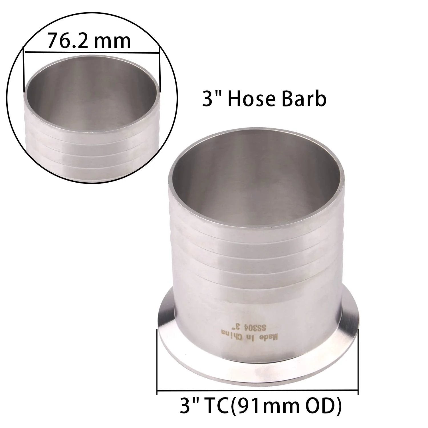 Three Inch Tri Clamp To Three Inch Hose Barbed Adapter SUS304 Stainless Sanitary Hose Pipe Fitting For Rubber Hoses And TPU Or Plastic Hoses With Barbed Ends For Tight Seal DERNORD