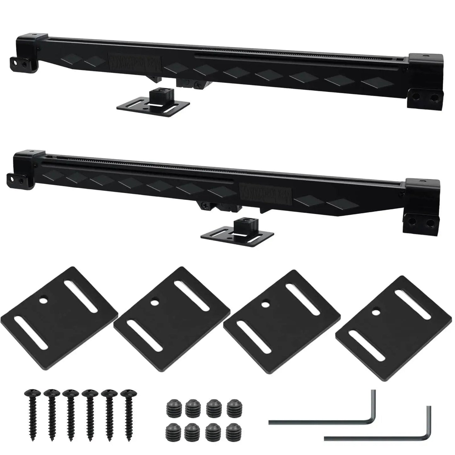 Two Piece Barn Door Soft Close Kit No Drill Version with adjustable door stoppers and actuator spacers, supports 70 to 160 lbs
