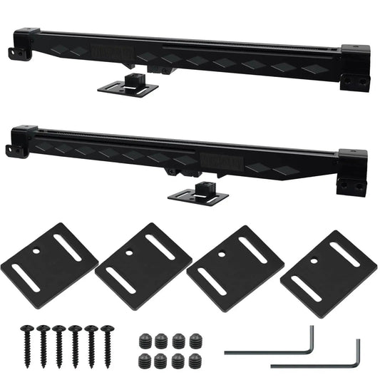 Two Piece Barn Door Soft Close Kit No Drill Version with adjustable door stoppers and actuator spacers, supports 70 to 160 lbs
