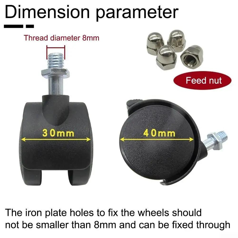 Diagram showing dimensions of 4 Pcs Wheel Pulley Caster Wheels For Electric Heaters Omni Directional Swivel Casters with 8mm thread.