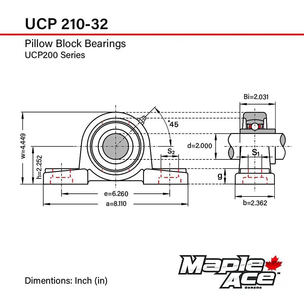 Technical diagram of Heavy Duty Pillow Block Bearing With Two Inch Bore Self Aligning And Two Bolt Mount Solid Base for UCP210-32.