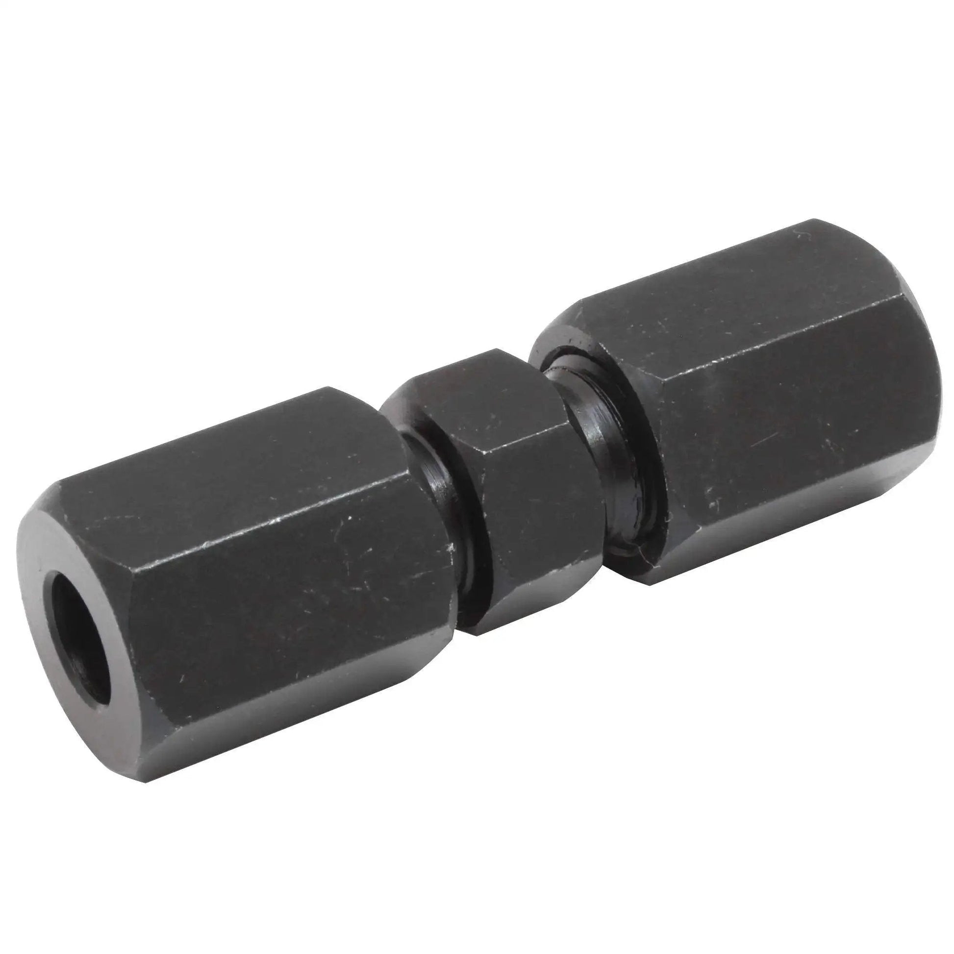 Leak Tight Built Tough One Quarter Inch High Pressure Compression Union For Steel Tubing Up To Five Thousand PSI Black Oxide Coated Steel