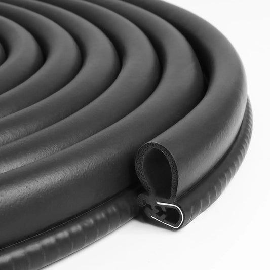 Close-up of 20 Ft Car Door Weather Stripping Seal With Side Bulb Push On EPDM Foam Rubber Gasket Stainless Steel Clips