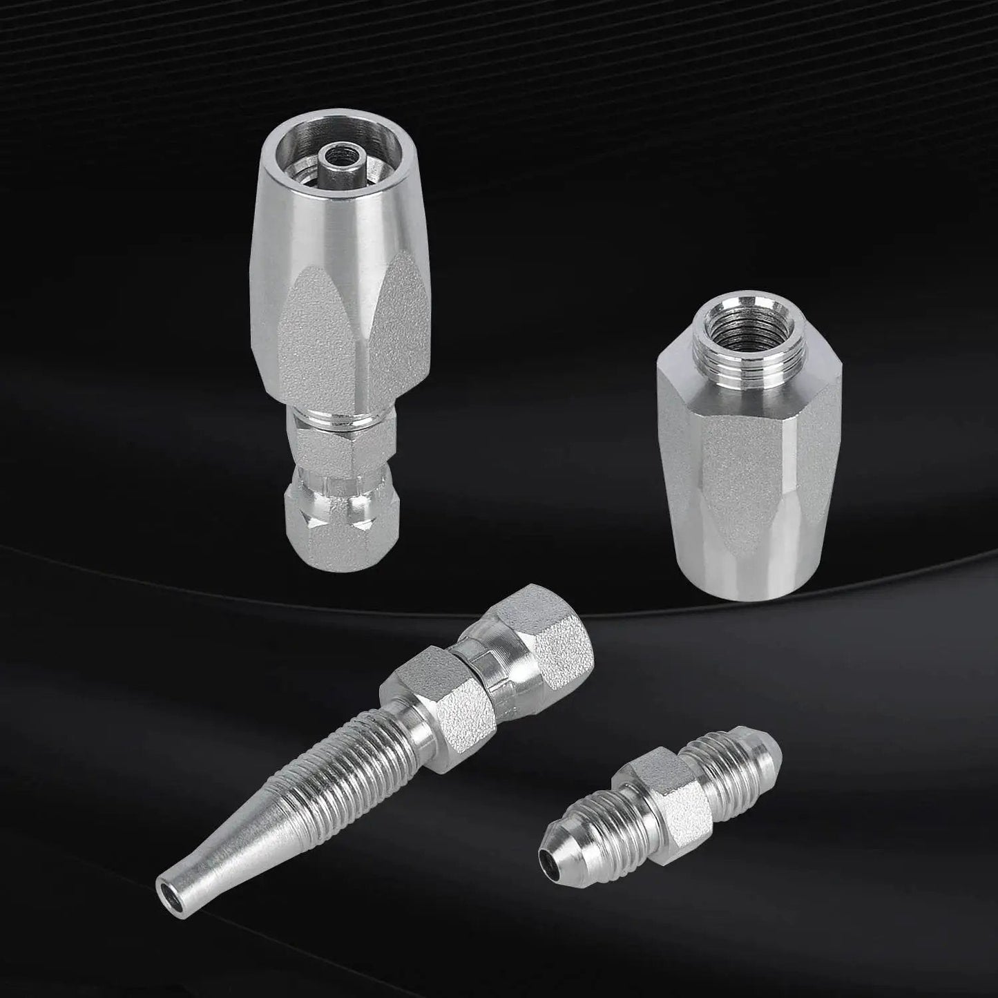 Components from Three Pack Reusable Hydraulic Hose Field Repair Kit For On Site Emergency Fix Of One Quarter Inch, Three Eighths Inch And One Half Inch Inner Diameters, Four Thousand PSI Rating, Compatible With R2 R16 R17 R19 Two Wire Hydraulic Hoses, Keeps Machinery.