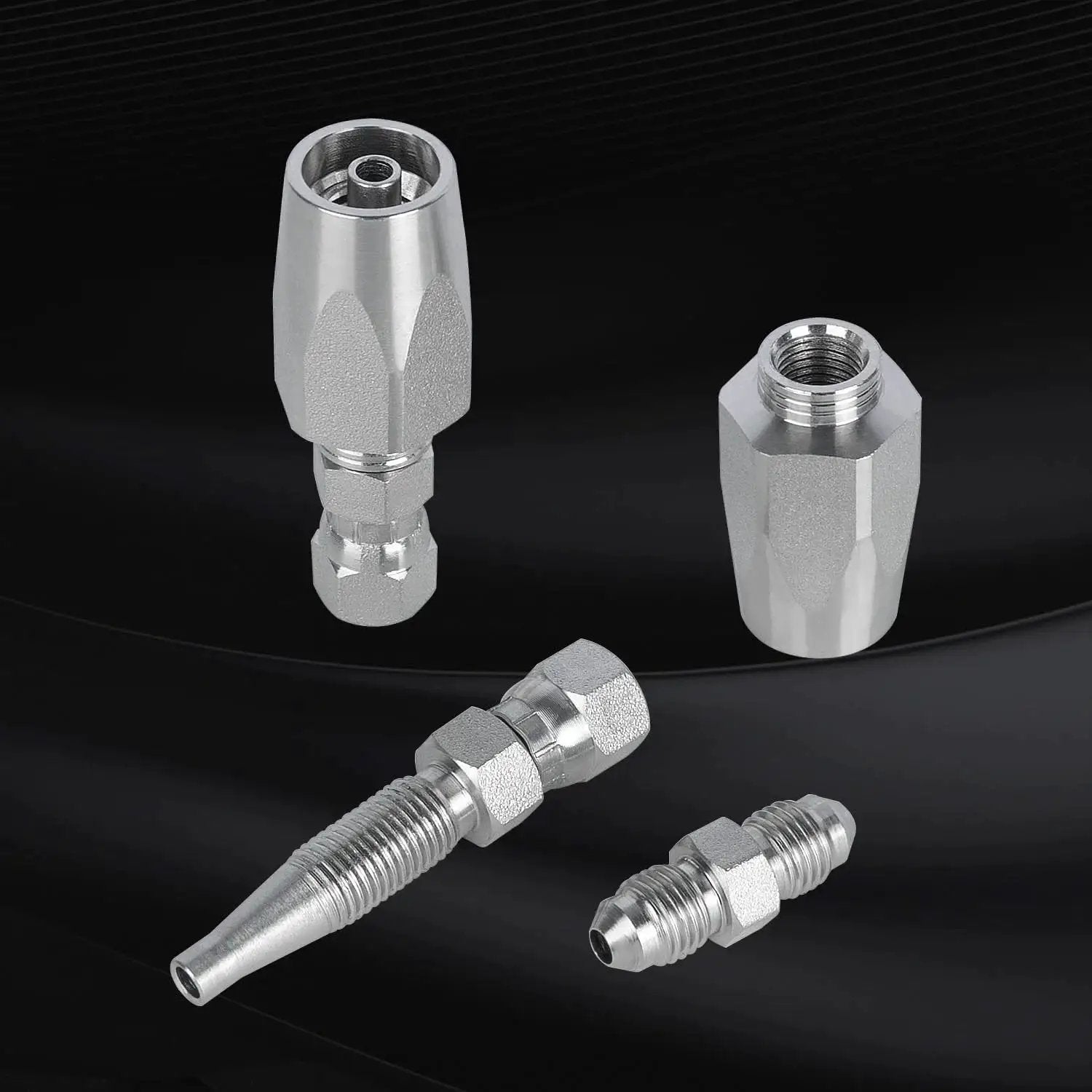 Components from Three Pack Reusable Hydraulic Hose Field Repair Kit For On Site Emergency Fix Of One Quarter Inch, Three Eighths Inch And One Half Inch Inner Diameters, Four Thousand PSI Rating, Compatible With R2 R16 R17 R19 Two Wire Hydraulic Hoses, Keeps Machinery.