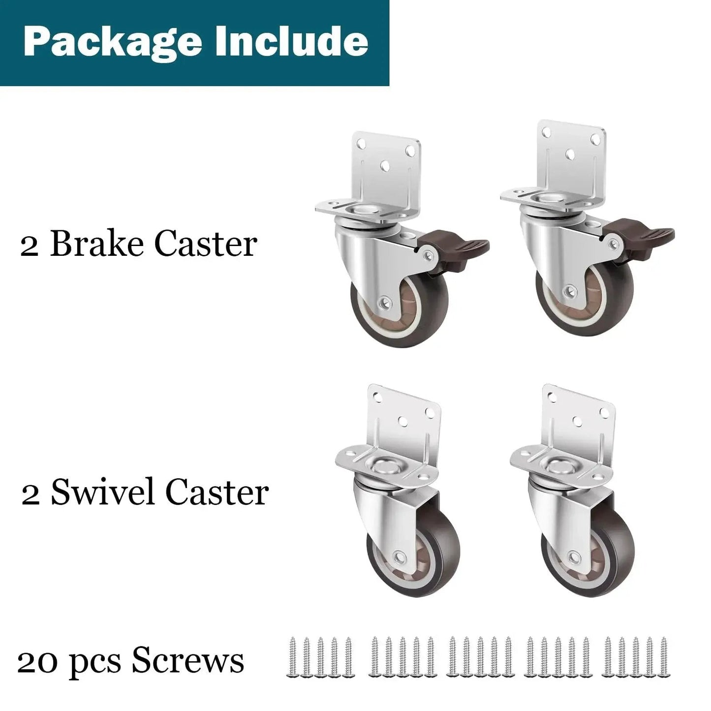 Side Mount L Shaped Plate 2 Inch Rubber Casters Set Of 4 With 2 Swivel And 2 Brakes Heavy Duty Low Profile Casters and 20 screws