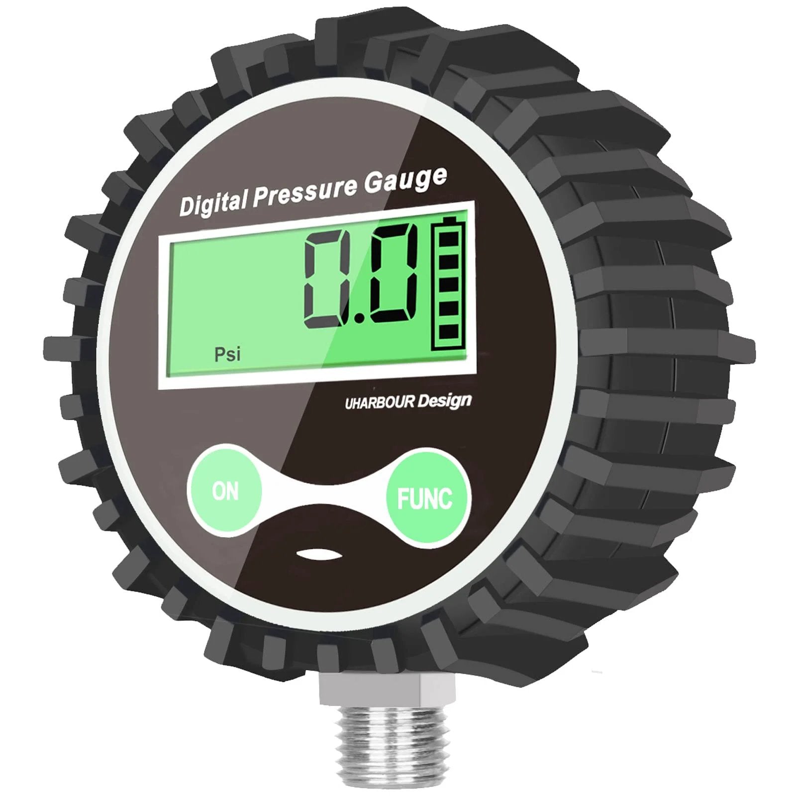 Digital Tire Pressure Gauge For Cars And Bikes With Rubber Protector And Quarter Inch NPT Bottom Connector Five To Two Hundred PSI