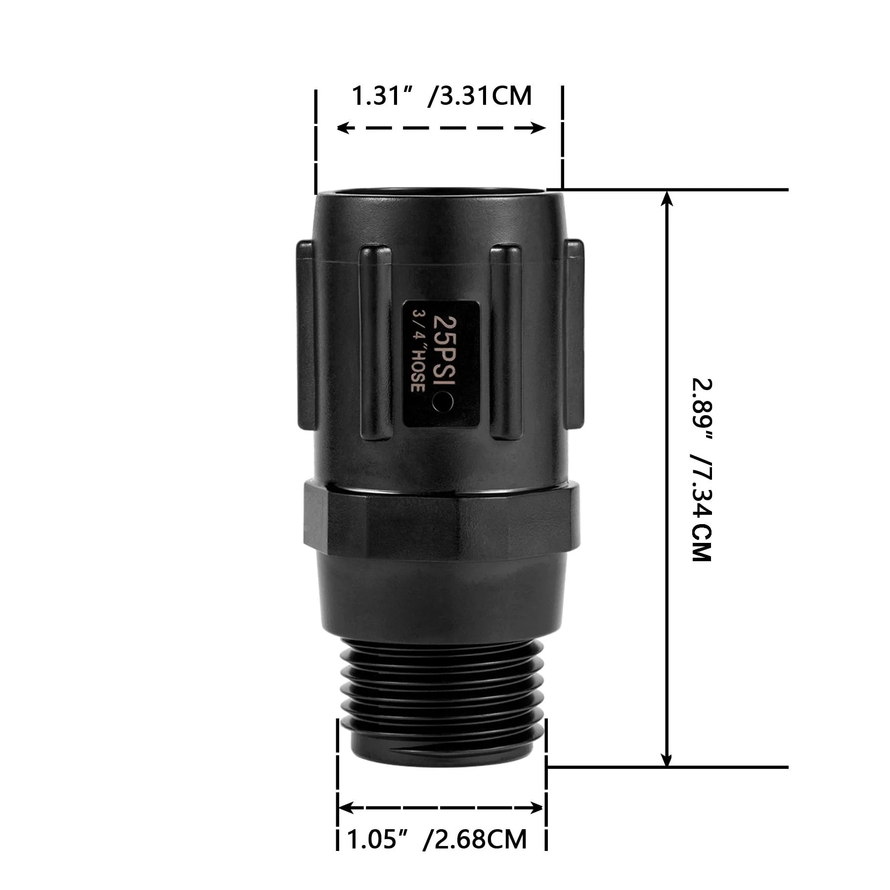 Two Pack Garden Hose Pressure Regulator 25 PSI Three Quarter Inch Female Hose Thread Three Quarter Inch Male Hose Thread Distributing Regulator For Drip Irrigation Systems And Drip Line Emitters Easy Install with measurements in inches and cm