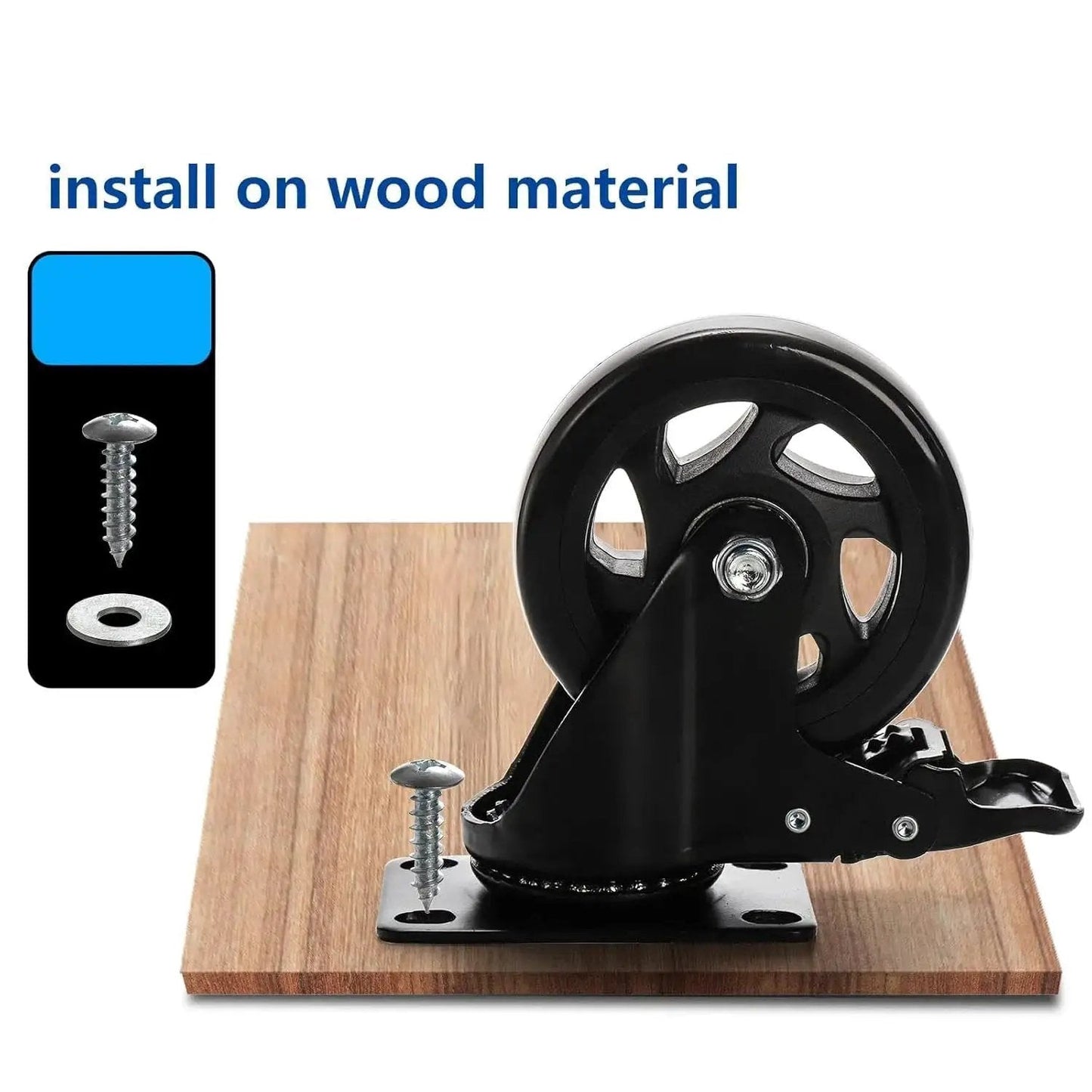 Four Inch Heavy Duty Swivel Plate Caster Wheels With Brake And 360 Degree Dual Locking installed on wood material