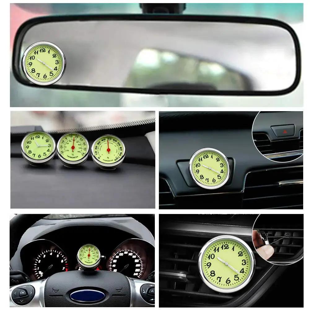 Compact Car Dashboard Thermometer with Night Glow Clip for Air Vent shown in various installations on car dashboards