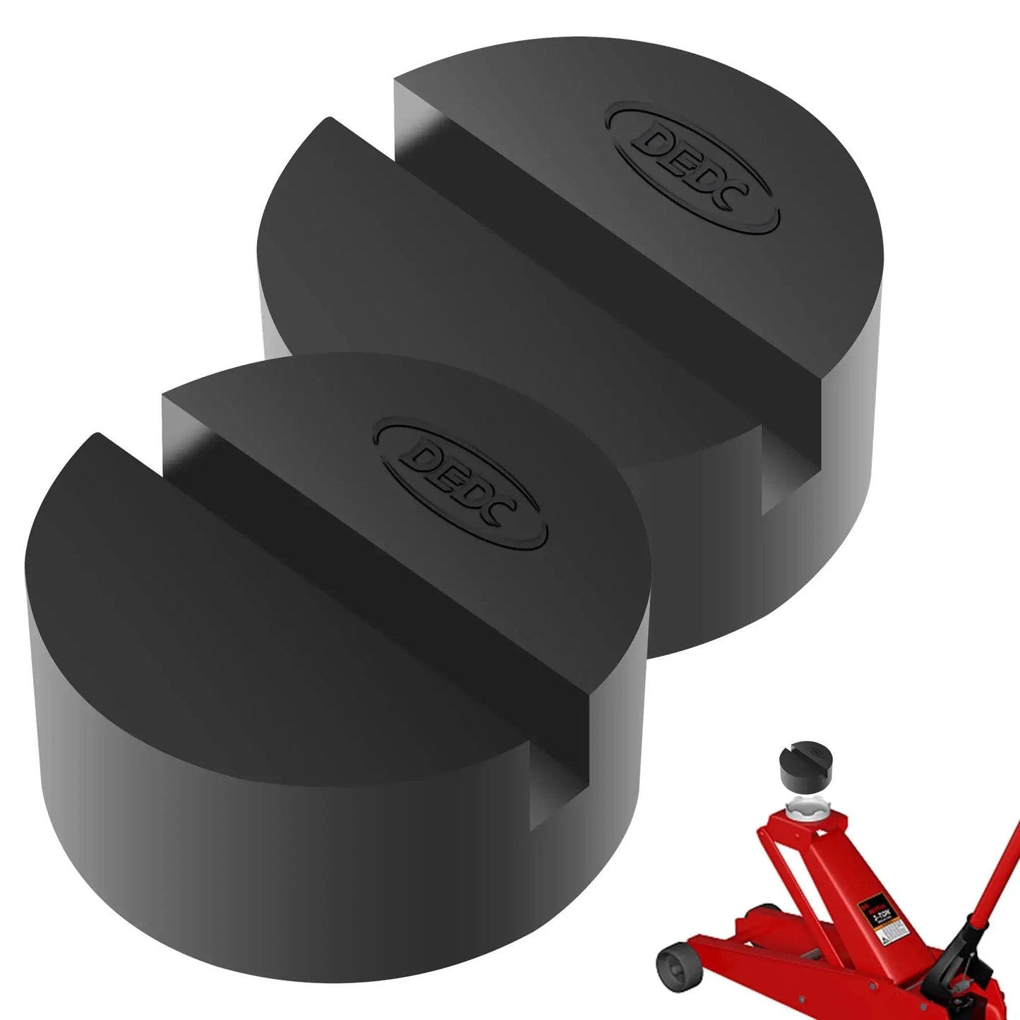 Universal Pinch Weld Jack Pad Adapter For Side Frame Rail Protector 2 Pack, black rubber pads shown next to red floor jack.