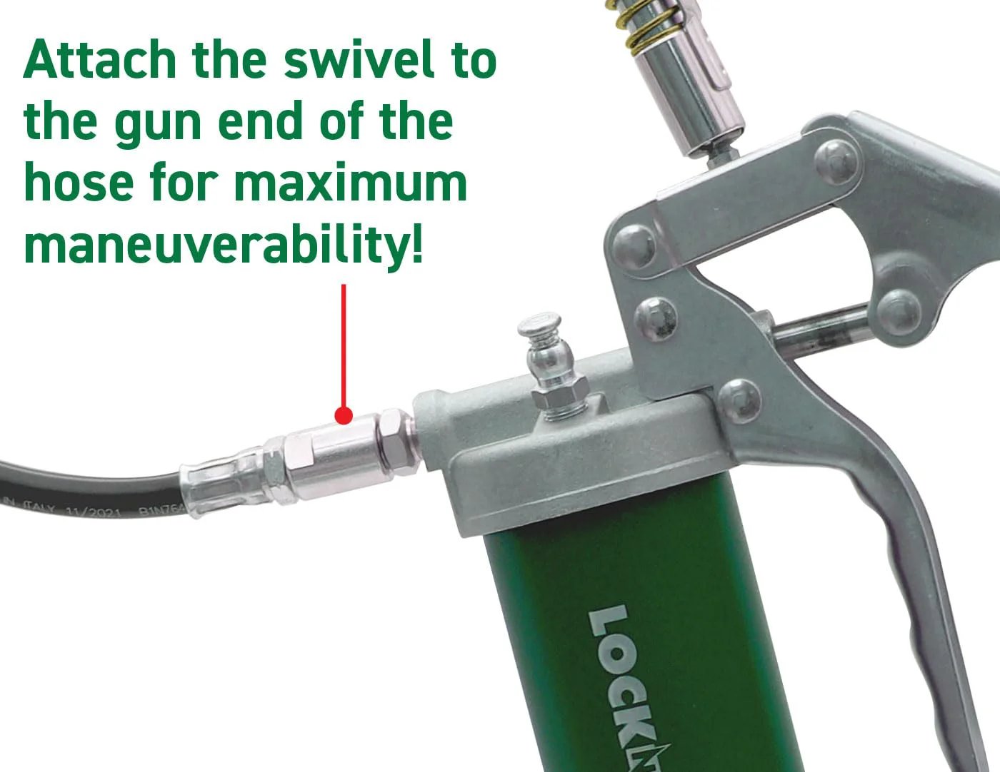 Heavy Duty One Eighth Inch NPT In Line Grease Hose Swivel for Any Manual Grease Gun Fits All Brands Rated Up To Ten Thousand PSI And Just One Point Five Inches Long attached to grease gun