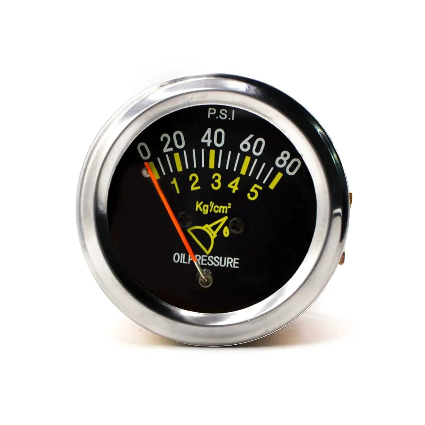 Front view of 2 Inch 52mm Universal 12V DC Mechanical Pointer Oil Pressure Gauge 0 To 80 PSI Black Face Auto Car Meter