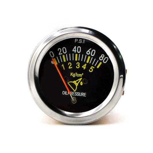 Front view of 2 Inch 52mm Universal 12V DC Mechanical Pointer Oil Pressure Gauge 0 To 80 PSI Black Face Auto Car Meter