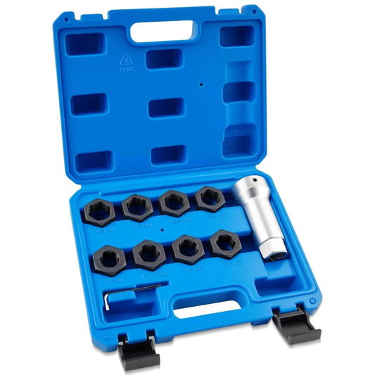 Axle Spindle Thread Chaser Set For Vehicle Axles With 8 Dies And 1-1/16 Inch Extension Bar, Includes 8 Common Nuts in blue case