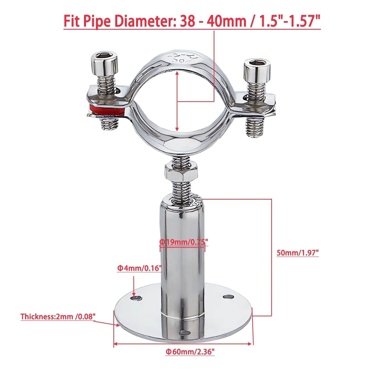 2 Pack Wall and Ceiling Pipe Mount Clamps 304 Stainless Steel Rubber Cushioned and Rust Resistant shown with size measurements
