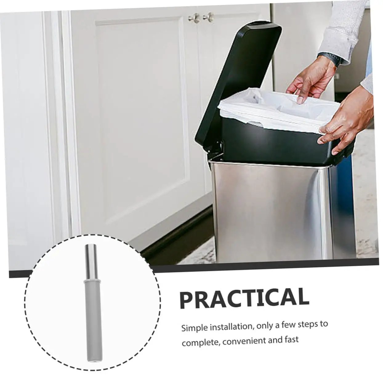 Person installing OKUMEYR Hydraulic Trash Can Dampers 2 Pack For Quiet Soft Close And Noise Reduction on stainless steel bin in kitchen