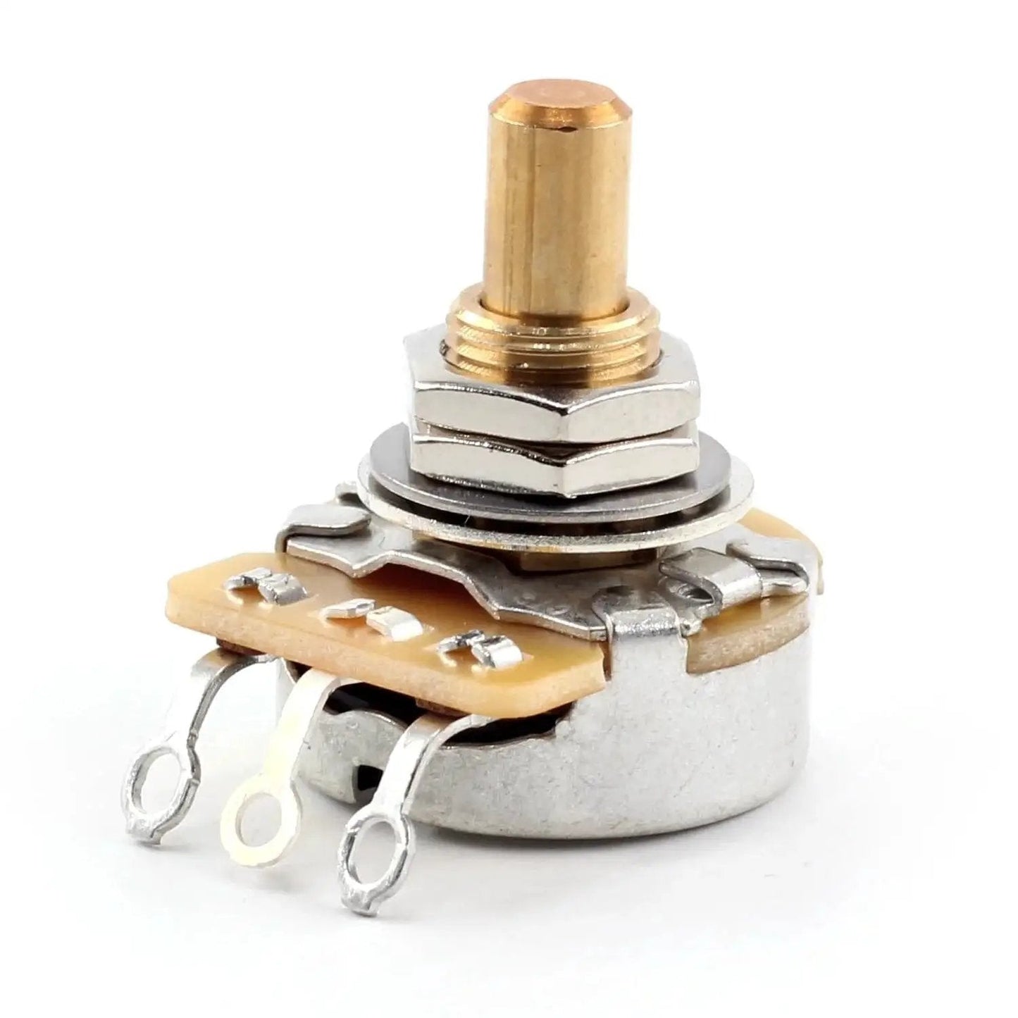 Genuine CTS 500k Potentiometer for Guitar with Custom Short Solid Shaft and Audio Taper, brass shaft, showing side view and terminals.