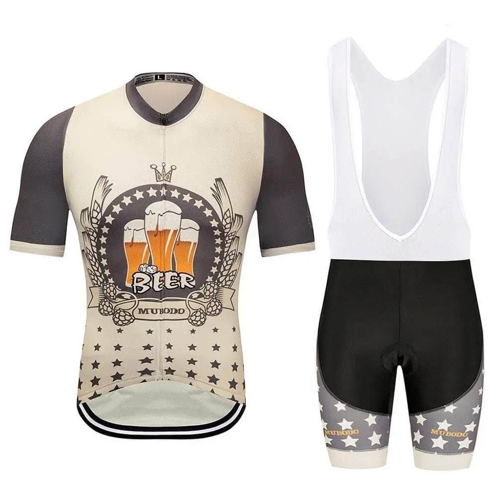 Cycling jersey and bib shorts set with beer logo design in cream and black colors, featuring short sleeves and star patterns.