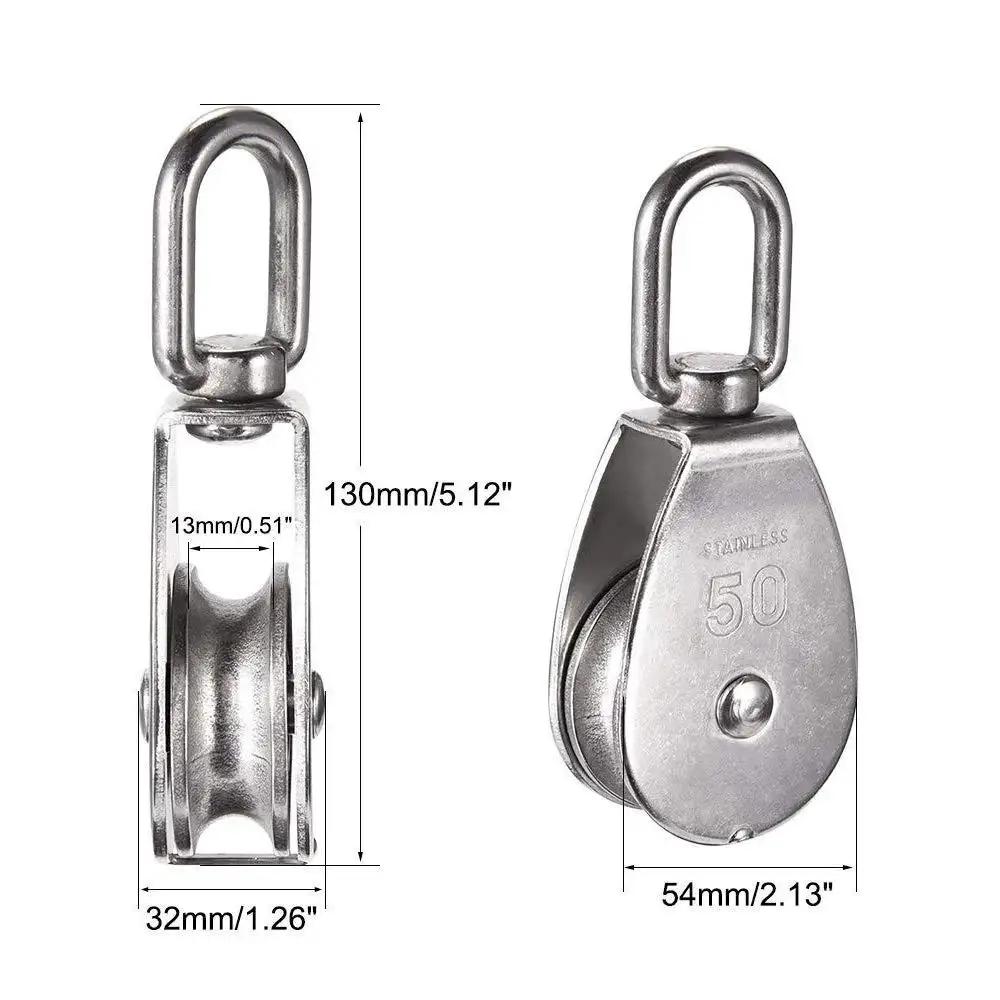 Front and side view of Two Pack M50 Single Pulley Block in 304 stainless steel with dimensions for lifting and rigging, corrosion resistant.