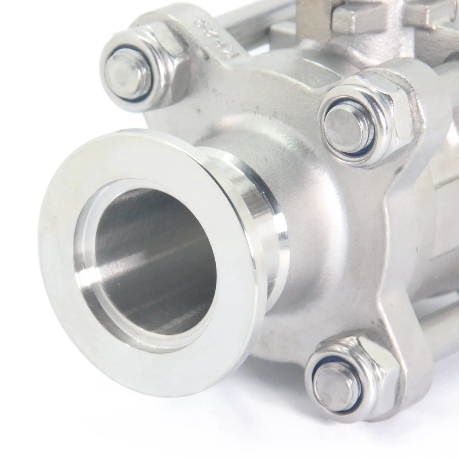 Close-up of Stainless Steel 304 Vacuum Ball Valve Clamp With Locking Device KF-25 Tri Clamp, PTFE Seal, for pipelines
