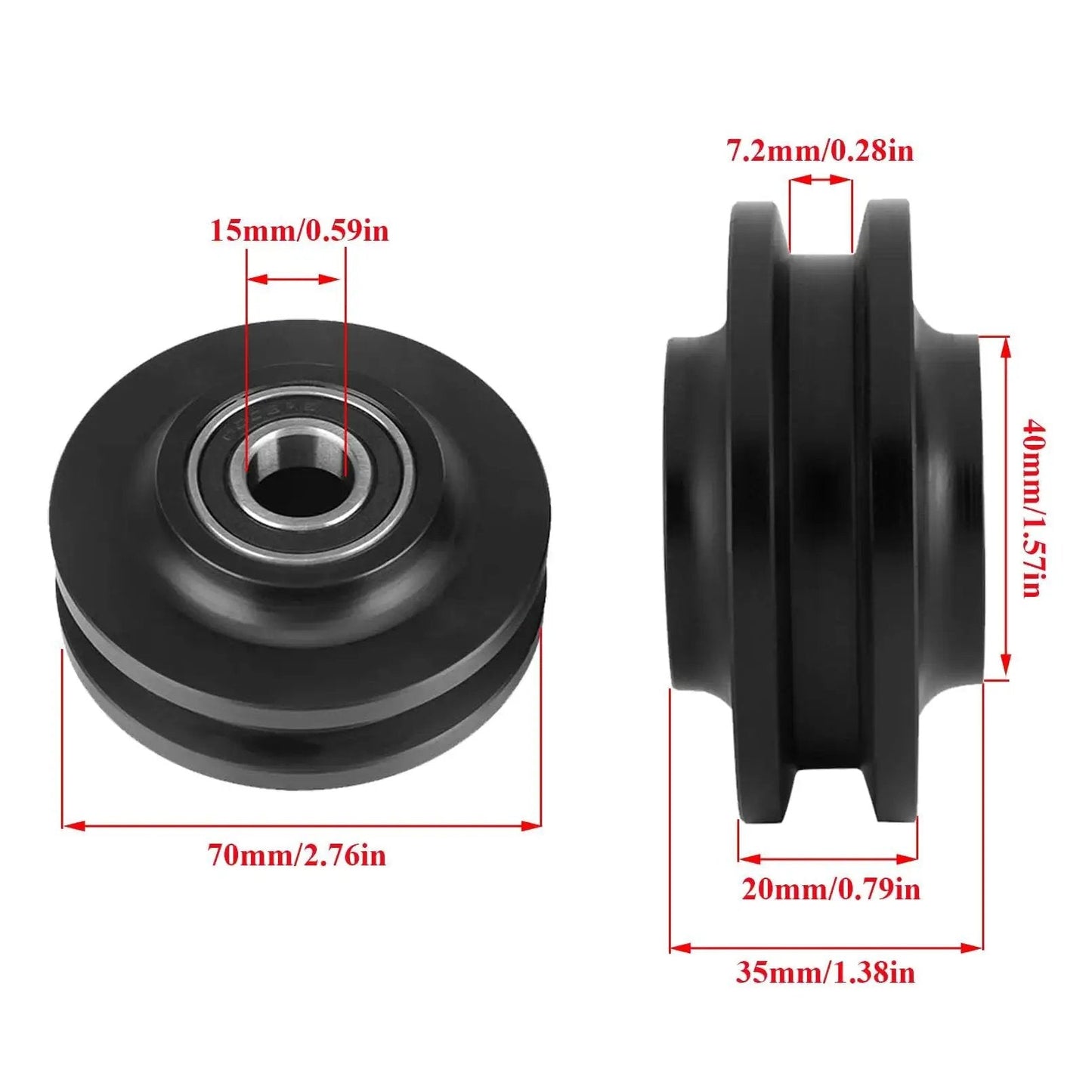 Heavy Duty Sliding Barn Door Wheel Set for Cabinets and Windows, Quiet Smooth Roller Pulleys, front and side view, dimensions shown
