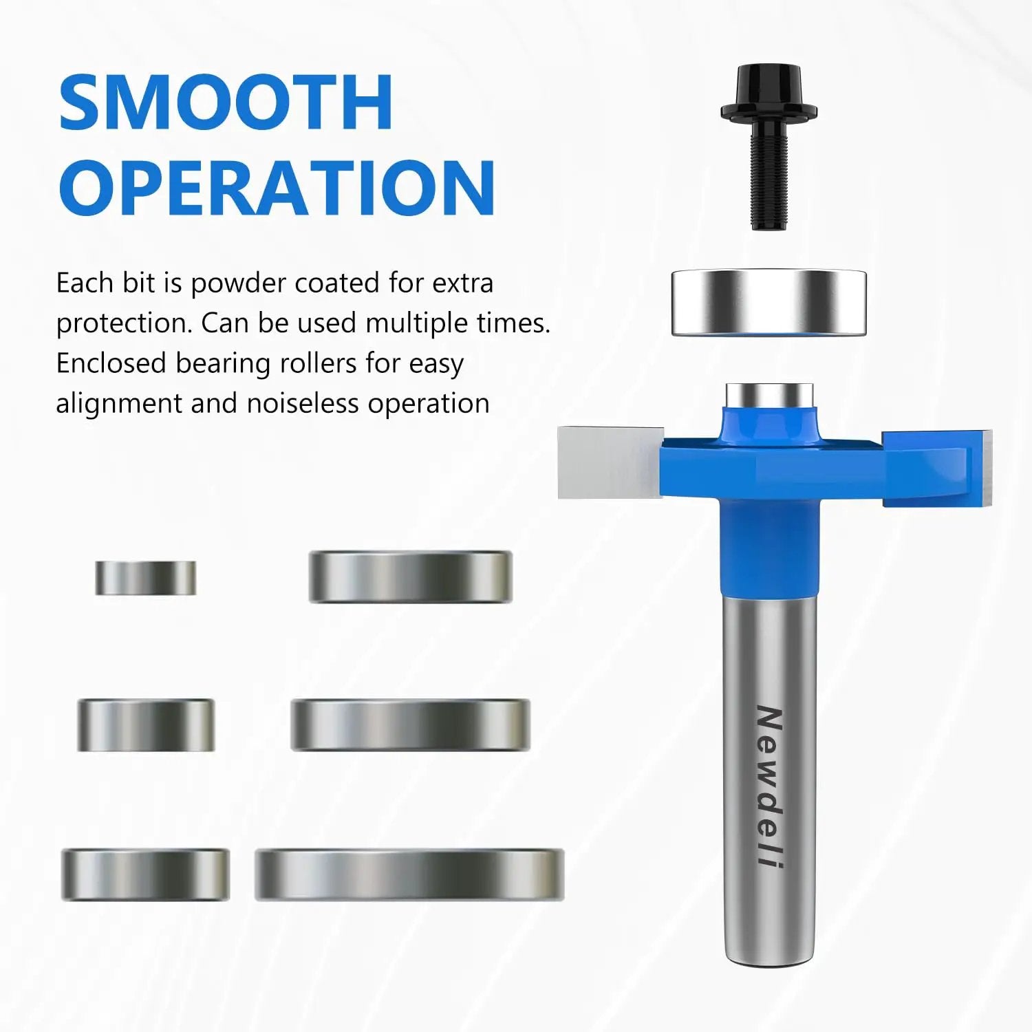 Rabbet Router Bit Set With One Quarter Inch Shank Includes Four Cutting Heights And Six Interchangeable Bearings For Depths In Easy To Use Woodworking Kit Built With YG8 Carbide Blade For Precise Rabeting And Biscuit Slot Cutting showing blue handle with bearings