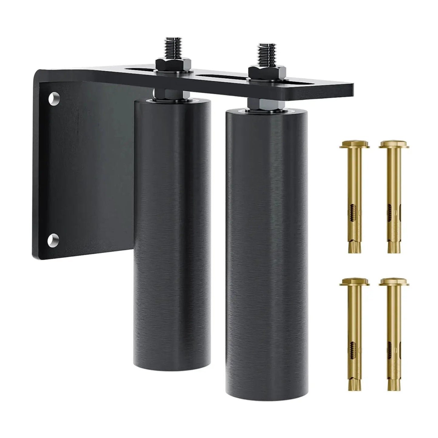 Heavy Duty Sliding Gate Guide Roller Set With 6 Inch Gate Roller, L Shaped Rear Post Bracket, shown with bolts