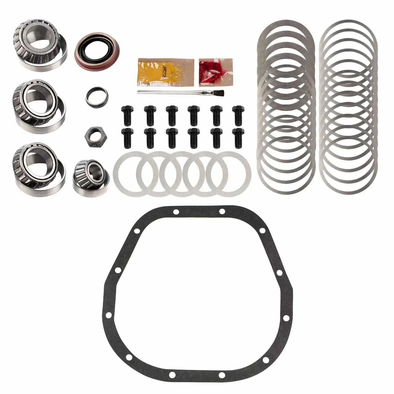 Front view of Rear Master Kit For Ford Ten Point Five Differential With Koyo Carrier Bearings, showing bearings, seals, and gaskets.
