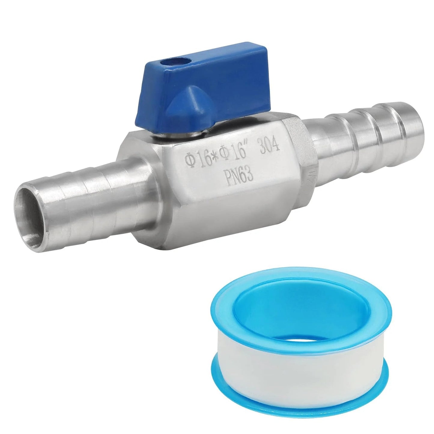 Stainless Steel 304 Mini Shut Off Valve With Double Barbs Five Eighths Inch For Gas Fuel Drip Irrigation And Aquariums Easy Install High Temperature And Pressure Resistant One Pack By OSVJE with blue handle and included tape