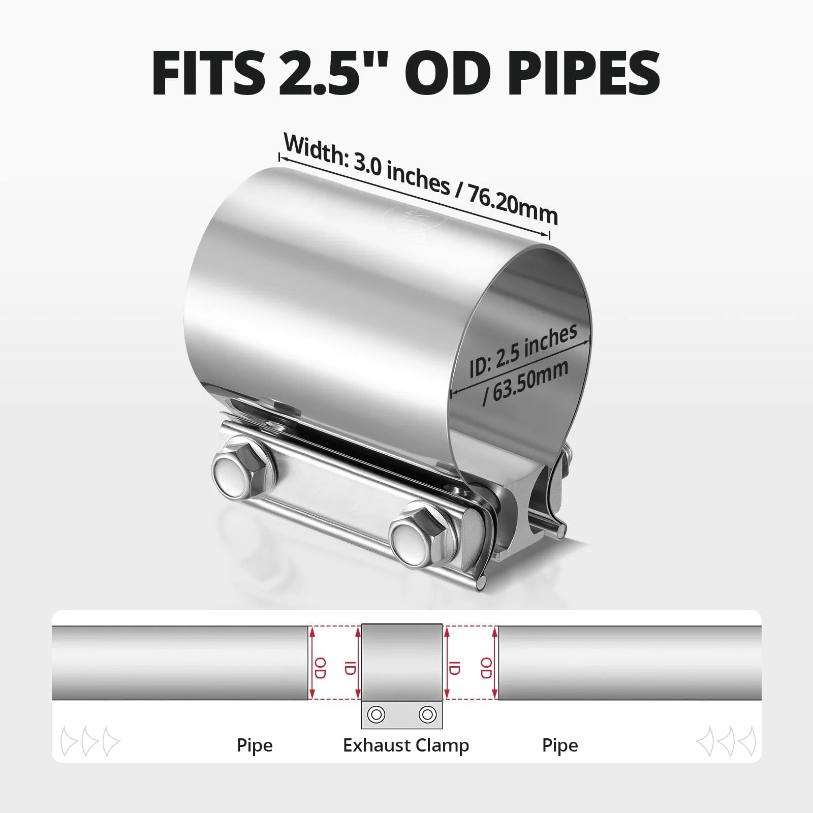 Two Point Five Inch Exhaust Clamp For Pipes Mufflers And Catalytic Converters Stainless Steel 304 Heavy Duty Butt Joint