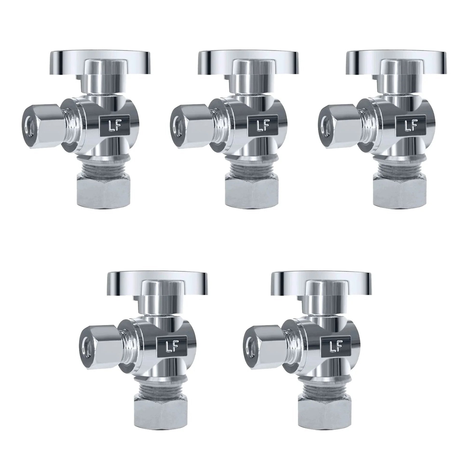 Five Pack Chrome Plated Brass Angle Stop Valves, One Half Inch NOM Compression and Three Eighths Inch OD Compression displayed front view
