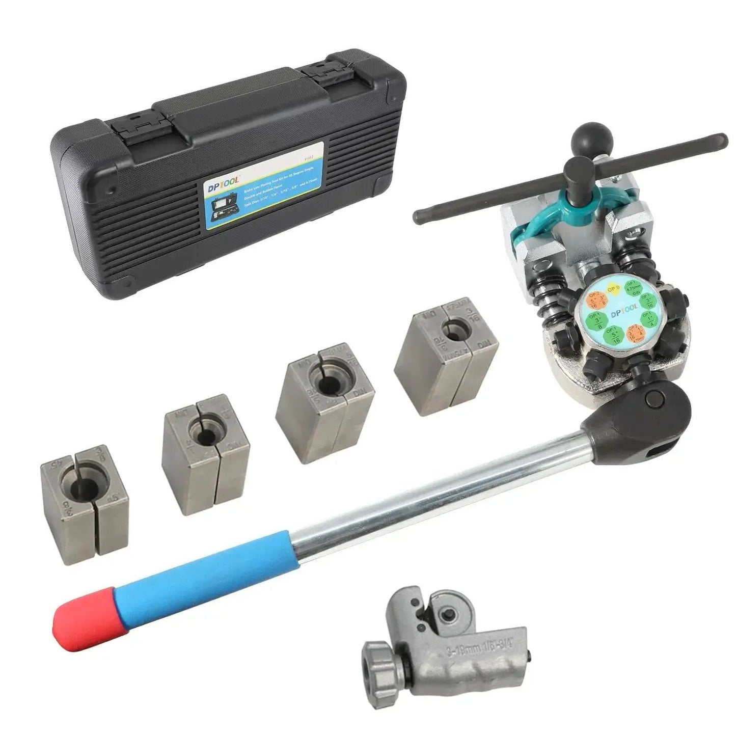 45 Degree Brake Line Flare Tool Kit For 3/16 To 3/8 Inch Tubing, showing tool with dies, cutter, and case