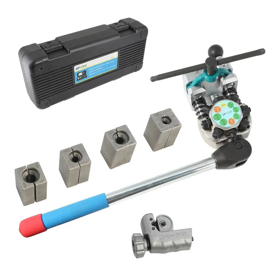 45 Degree Brake Line Flare Tool Kit For 3/16 To 3/8 Inch Tubing, showing tool with dies, cutter, and case