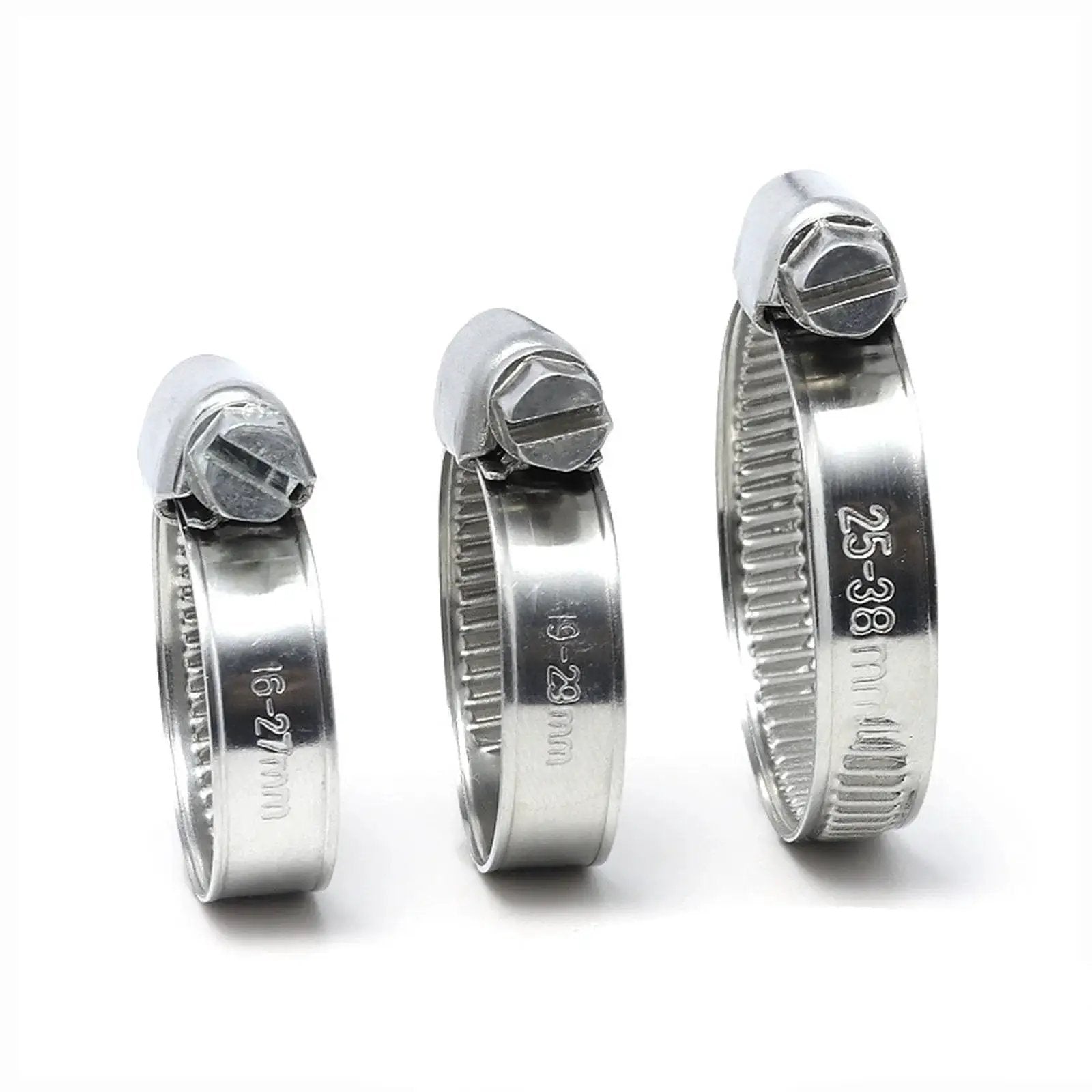 Close-up of 90 Piece Stainless Steel Hose Clamps Set For Automotive Radiators And Pool Hoses, 5/16 to 2-3/8 inches range.